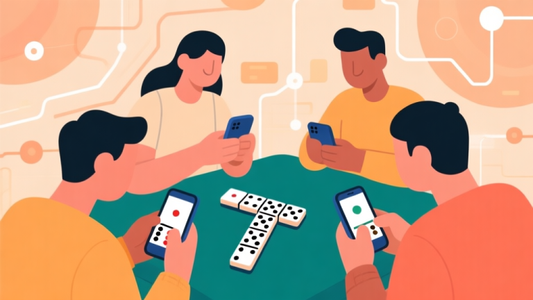 自动生成图片: Ilustrasi sekelompok orang bermain domino online di perangkat mobile, latar belakang abstrak dengan elemen koneksi digital, gaya minimalis dengan warna hangat, konsep persahabatan dan teknologi high quality illustration, detailed, 16:9