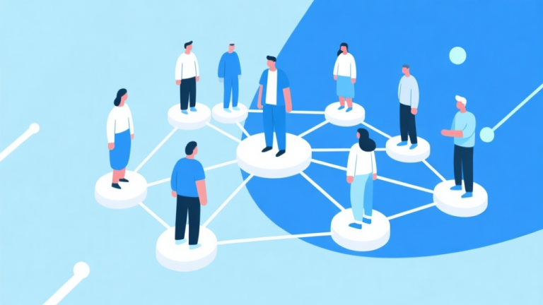 自动生成图片: Ilustrasi abstrak sekelompok orang terhubung dalam jaringan sosial digital, warna biru muda dan putih, desain minimal bersih, konsep komunitas online high quality illustration, detailed, 16:9