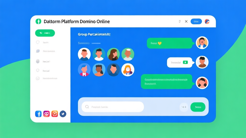 Ilustrasi antarmuka platform domino online modern dengan elemen sosial, tampilan grup percakapan dan avatar pemain, skema warna biru dan hijau yang segar, desain minimalis dengan ikon media sosial high quality illustration, detailed, 16:9