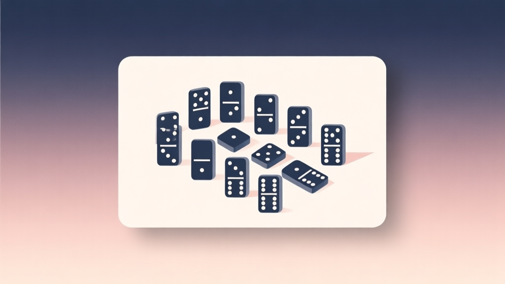 Ilustrasi minimalis kartu domino tersusun rapi dengan latar belakang soft gradient, gaya desain bersih profesional, komposisi geometris abstrak high quality illustration, detailed, 16:9