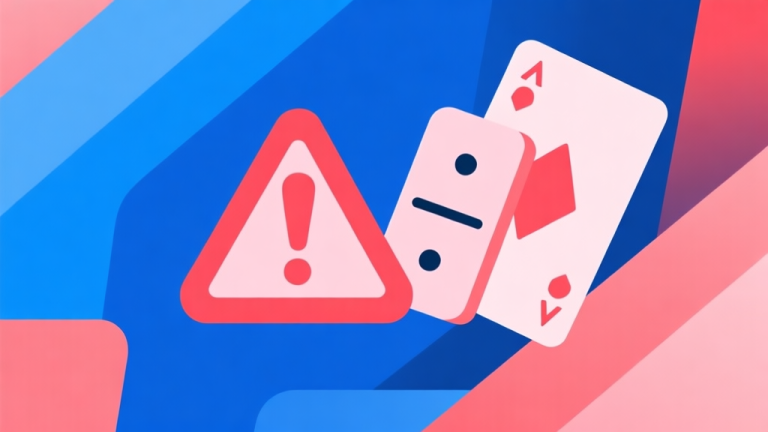 自动生成图片: Ilustrasi digital dengan simbol peringatan dan kartu domino, skema warna biru dan merah muda lembut, gaya minimalis abstrak, konsep keamanan game online high quality illustration, detailed, 16:9