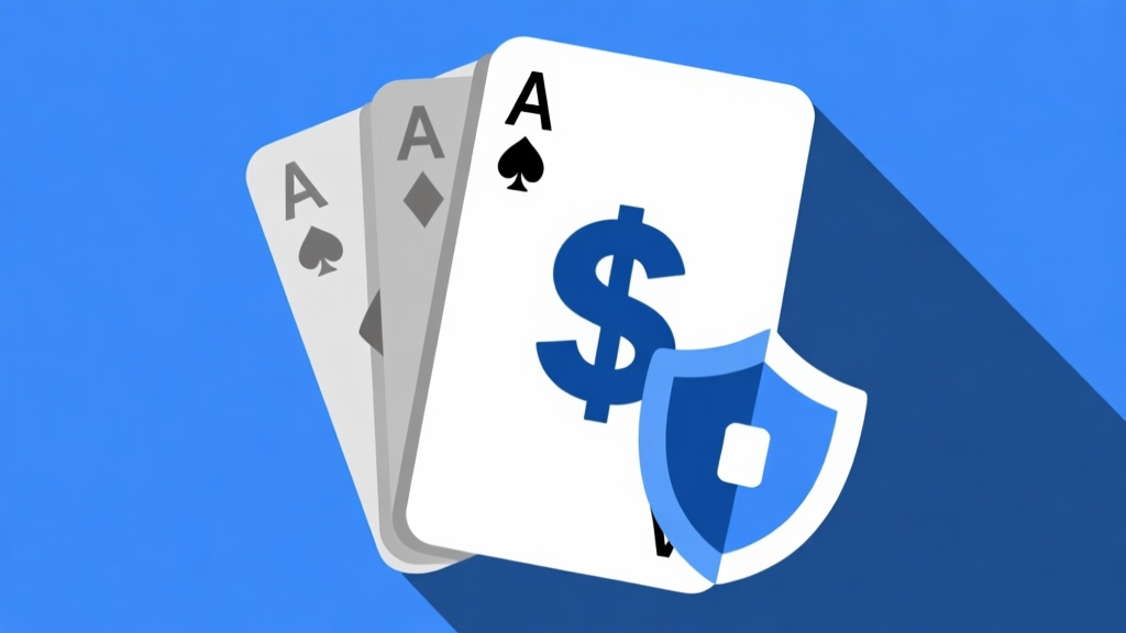 Ilustrasi kartu domino gaple dengan simbol mata uang dan perisai keamanan, gaya flat design minimalis, skema warna biru dan abu-abu, konsep perlindungan finansial dalam permainan high quality illustration, detailed, 16:9