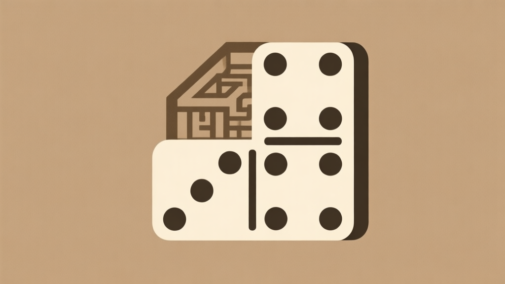 Ilustrasi minimalis domino kuno Tiongkok dengan desain geometris sederhana, skema warna earth tone, gaya tradisional dengan sentuhan modern high quality illustration, detailed, 16:9