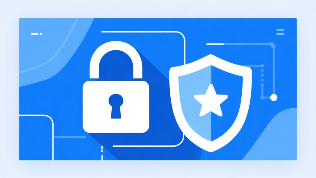 Ilustrasi konsep keamanan digital dengan ikon gembok dan perisai, skema warna biru dan putih, desain minimalis bersih, gaya presentasi bisnis profesional high quality illustration, detailed, 16:9