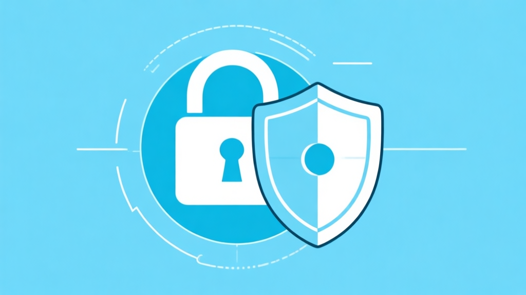Ilustrasi konsep keamanan digital dengan ikon gembok dan perisai pada latar belakang biru muda, desain minimalis dengan elemen garis tipis, gaya infografis profesional high quality illustration, detailed, 16:9