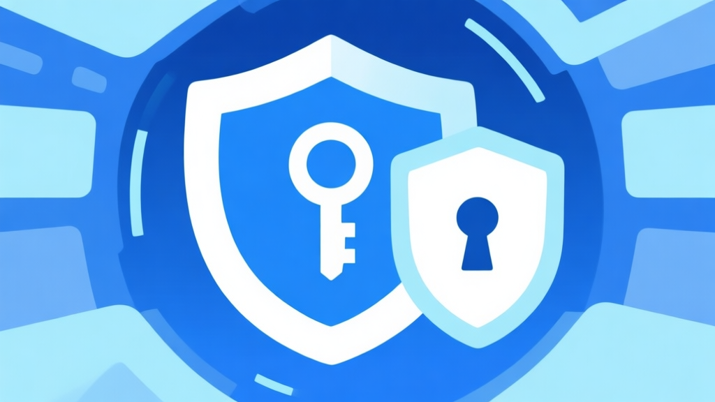 Diagram keamanan dengan ikon kunci dan perisai, skema warna biru muda dan putih, desain minimalis bersih, ilustrasi konsep perlindungan digital high quality illustration, detailed, 16:9