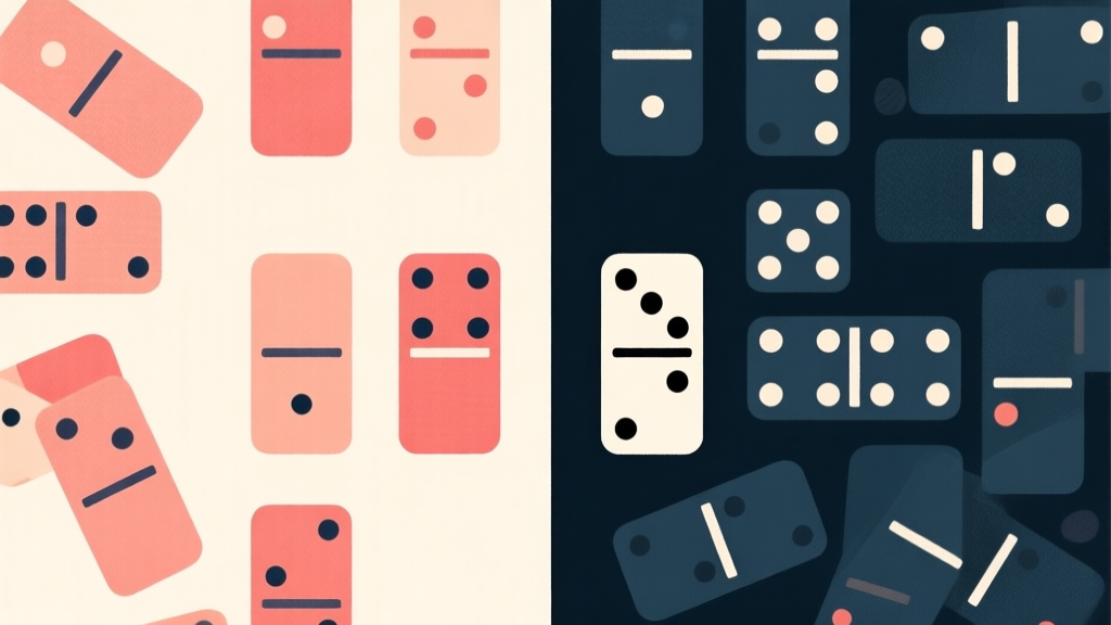 Komposisi abstrak dua set domino dengan warna dan tekstur berbeda, satu sisi terang dan terorganisir, sisi lain gelap dan tidak beraturan, skema warna soft contrast, gaya ilustrasi minimalis profesional high quality illustration, detailed, 16:9