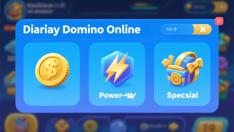 自动生成图片: Ilustrasi antarmuka hadiah harian domino online dengan ikon koin, power-up, dan item spesial, desain minimalis dengan skema warna biru dan emas, gaya UI game modern high quality illustration, detailed, 16:9