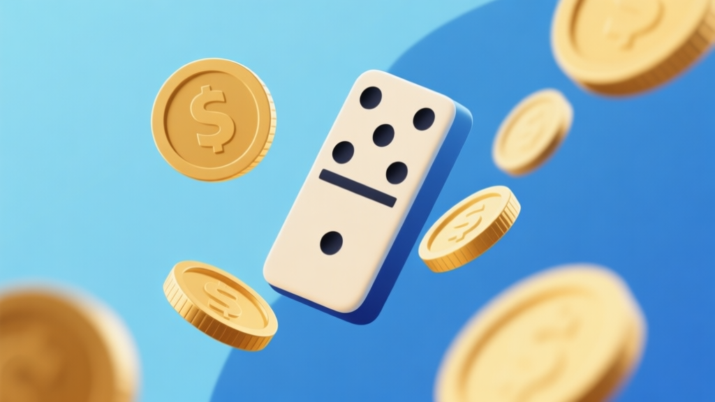 Ilustrasi abstrak permainan domino dengan koin emas melayang di latar belakang, skema warna biru muda dan emas, gaya minimalis bersih, konsep bisnis profesional high quality illustration, detailed, 16:9