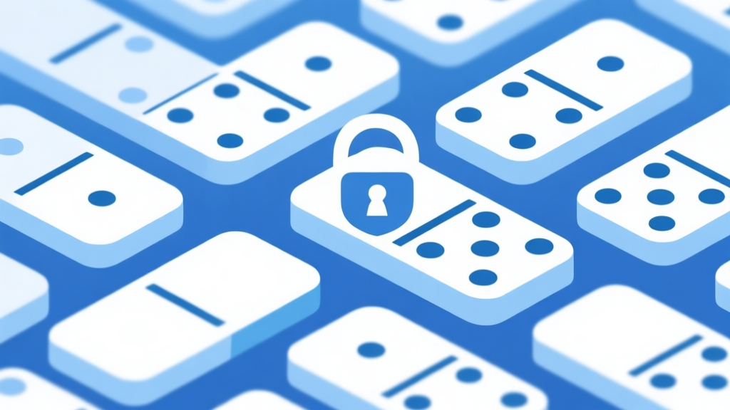 Abstract illustration of domino pieces arranged in secure patterns, soft blue and white color scheme, clean minimal design representing online security and trust high quality illustration, detailed, 16:9