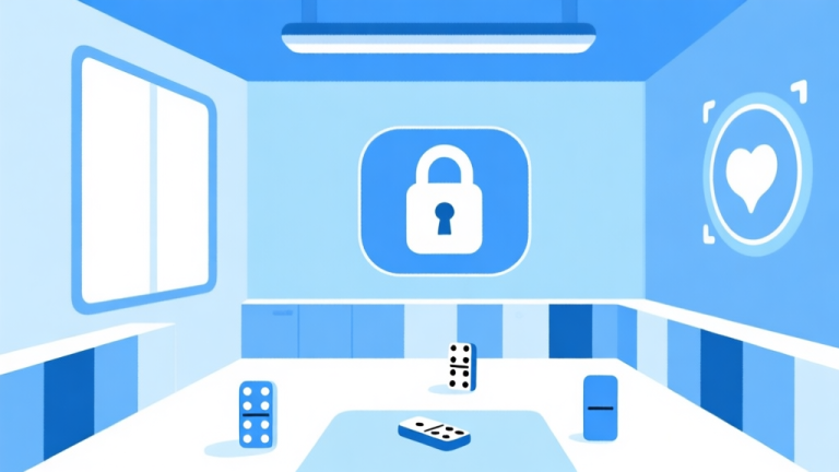 自动生成图片: Ilustrasi minimalis ruang permainan domino virtual dengan ikon kunci dan simbol pertemanan, skema warna biru muda dan putih, desain bersih dan modern high quality illustration, detailed, 16:9