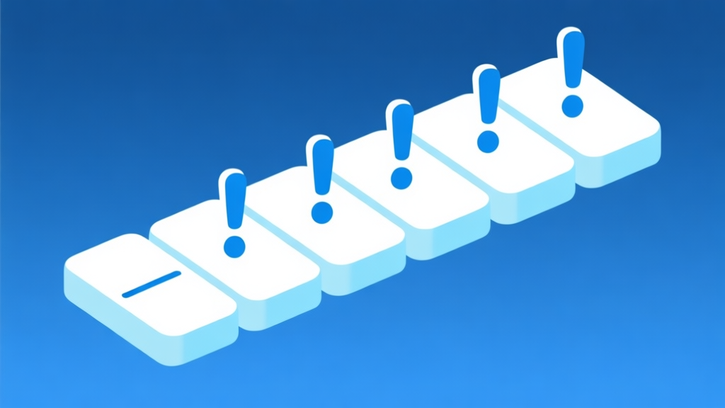 Ilustrasi sederhana kartu domino berjajar dengan tanda seru di atasnya, skema warna biru muda dan putih, desain minimal bersih, gaya presentasi bisnis high quality illustration, detailed, 16:9