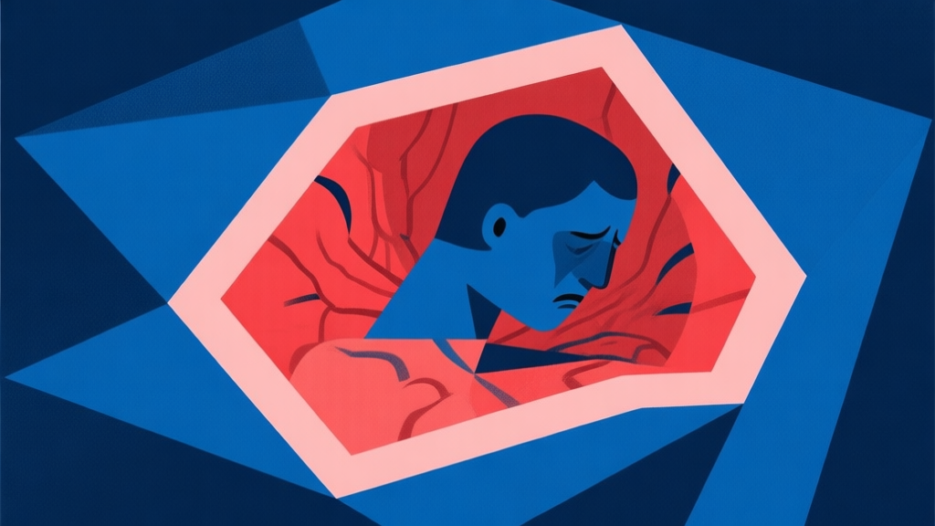 Ilustrasi abstrak tekanan psikologis dengan bentuk geometris yang tegang, skema warna biru tua dan merah, desain minimalis yang menggambarkan konflik internal high quality illustration, detailed, 16:9