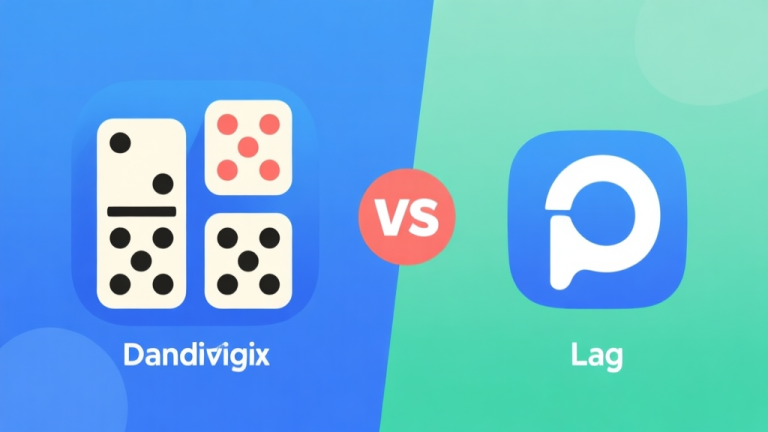 自动生成图片: Ilustrasi perbandingan antara aplikasi domino dengan banyak fitur tapi lag versus aplikasi sederhana dengan performa lancar, gaya flat design, warna biru dan hijau soft, komposisi seimbang high quality illustration, detailed, 16:9