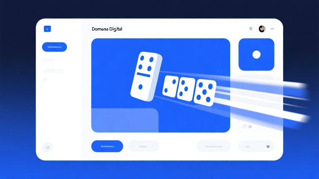 Ilustrasi minimalis antarmuka domino digital dengan animasi kecepatan tinggi, skema warna biru dan putih bersih, desain antarmuka modern yang responsif high quality illustration, detailed, 16:9