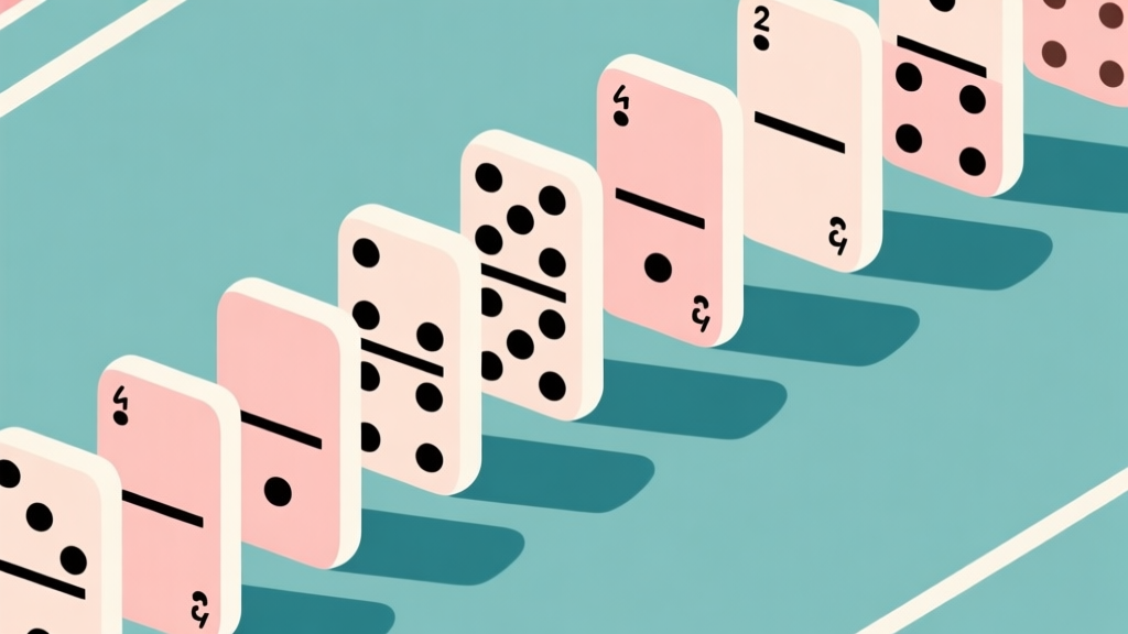 Komposisi abstrak dengan kartu domino tersusun rapi, skema warna pastel lembut, gaya minimalis bersih, ilustrasi konsep permainan fokus high quality illustration, detailed, 16:9