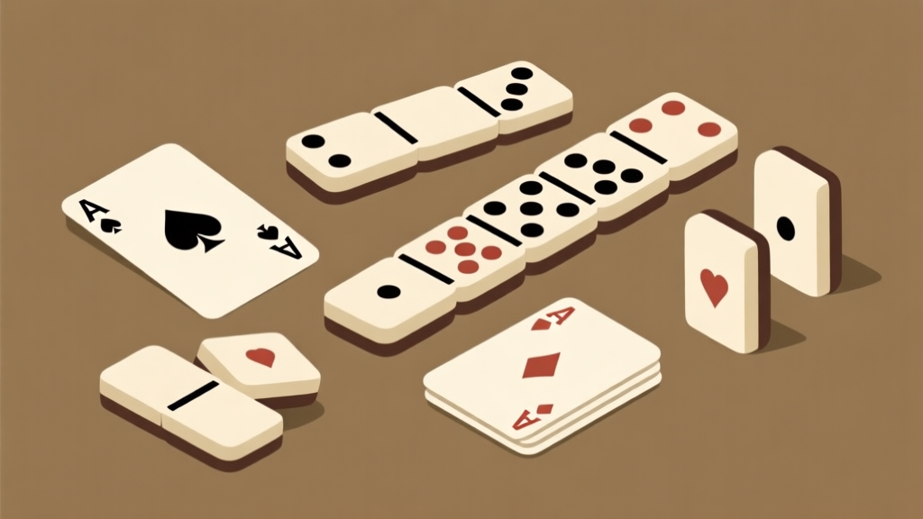 Ilustrasi kartu domino qiuqiu yang tersusun rapi dengan beberapa kartu terbalik, gaya ilustrasi minimalis dengan warna earth tone, komposisi bersih dan profesional high quality illustration, detailed, 16:9