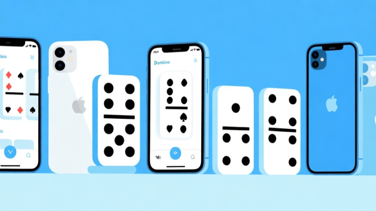 自动生成图片: Ilustrasi minimalis beberapa ponsel iPhone menampilkan berbagai antarmuka aplikasi domino, dengan kartu domino berjajar rapi di latar belakang, skema warna biru muda dan putih, desain bersih modern high quality illustration, detailed, 16:9