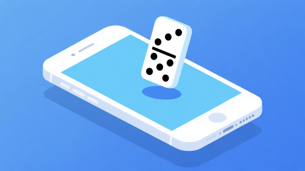 Ilustrasi grafis minimalis smartphone Android dengan ikon domino mengambang di layar, skema warna biru muda dan putih, desain bersih profesional, konsep optimasi performa high quality illustration, detailed, 16:9