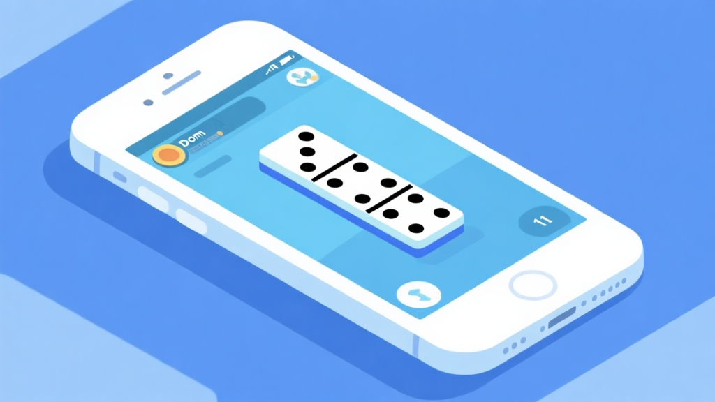 Ilustrasi smartphone dengan tampilan game domino yang lancar, desain minimalis dengan warna biru muda dan putih, menunjukkan performa optimal di perangkat spesifikasi rendah high quality illustration, detailed, 16:9