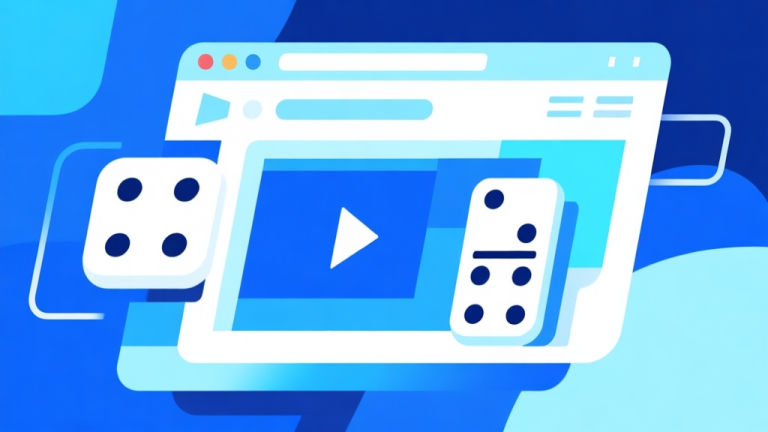 自动生成图片: Komposisi abstrak dengan elemen browser dan ikon domino yang terintegrasi, skema warna biru muda dan putih, desain minimal bersih, ilustrasi konsep teknologi game high quality illustration, detailed, 16:9