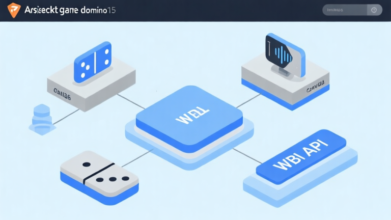 自动生成图片: Ilustrasi teknis diagram arsitektur game domino HTML5 dengan elemen canvas, WebGL, dan audio API, skema warna biru muda dan abu-abu, desain minimal bersih, gaya presentasi profesional high quality illustration, detailed, 16:9