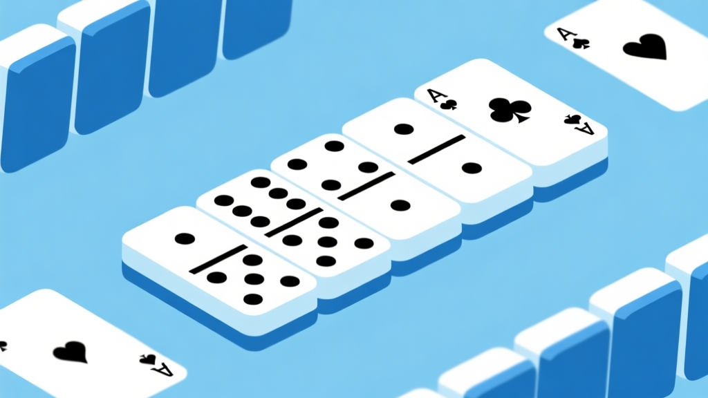 Ilustrasi minimalis permainan domino dengan kartu tersusun rapi, skema warna biru muda dan putih, desain bersih profesional, gaya presentasi bisnis high quality illustration, detailed, 16:9