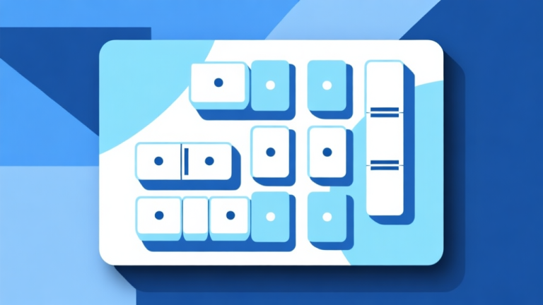 自动生成图片: Ilustrasi minimalis kartu domino dengan susunan rapi, skema warna biru muda dan putih, desain bersih dengan elemen geometris abstrak, gaya presentasi profesional high quality illustration, detailed, 16:9