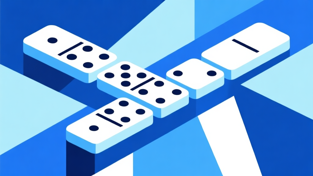 Ilustrasi abstrak permainan domino dengan susunan geometris, skema warna biru muda dan putih, desain minimalis bersih, gaya presentasi profesional high quality illustration, detailed, 16:9