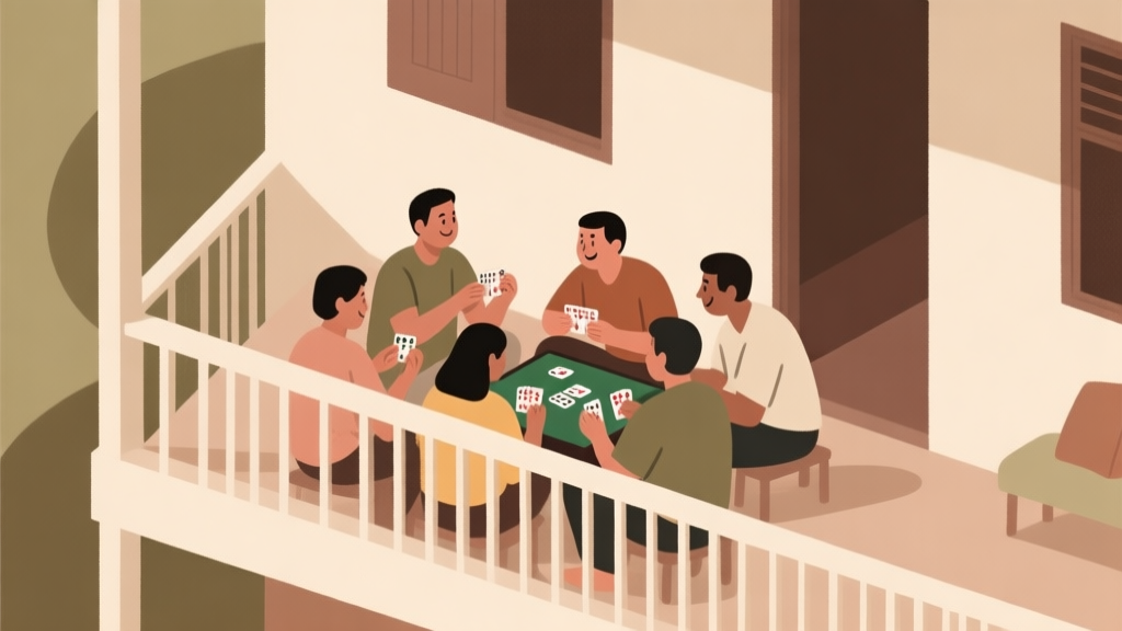 Ilustrasi abstrak sekelompok orang bermain gaple di teras rumah, suasana akrab dan hangat, warna earth tone yang lembut, gaya minimalis dengan fokus pada interaksi sosial high quality illustration, detailed, 16:9