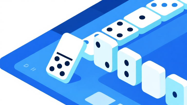 自动生成图片: Ilustrasi abstrak perkembangan game domino digital, menunjukkan transisi dari papan domino fisik ke antarmuka digital yang elegan, skema warna biru muda dan putih, desain minimal bersih high quality illustration, detailed, 16:9