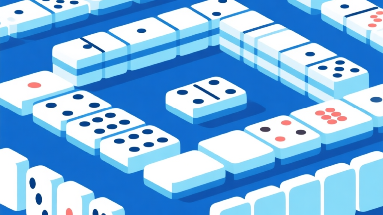 自动生成图片: Ilustrasi abstrak permainan domino dengan tile-tile tersusun rapi, skema warna biru muda dan putih, desain minimal bersih, gaya presentasi profesional high quality illustration, detailed, 16:9