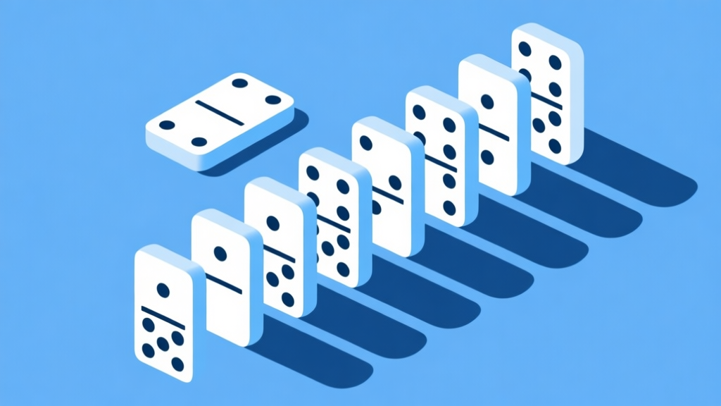 Ilustrasi minimalis permainan domino dengan kartu berjajar rapi, skema warna biru muda dan putih, desain bersih profesional, gaya presentasi bisnis high quality illustration, detailed, 16:9