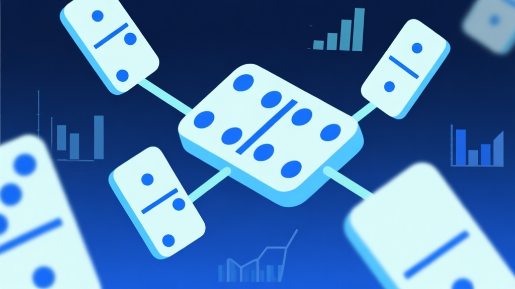 Ilustrasi abstrak papan domino dengan garis-garis penghubung berwarna biru muda, tampilan minimalis dengan elemen data mengambang, konsep analisis pola profesional high quality illustration, detailed, 16:9