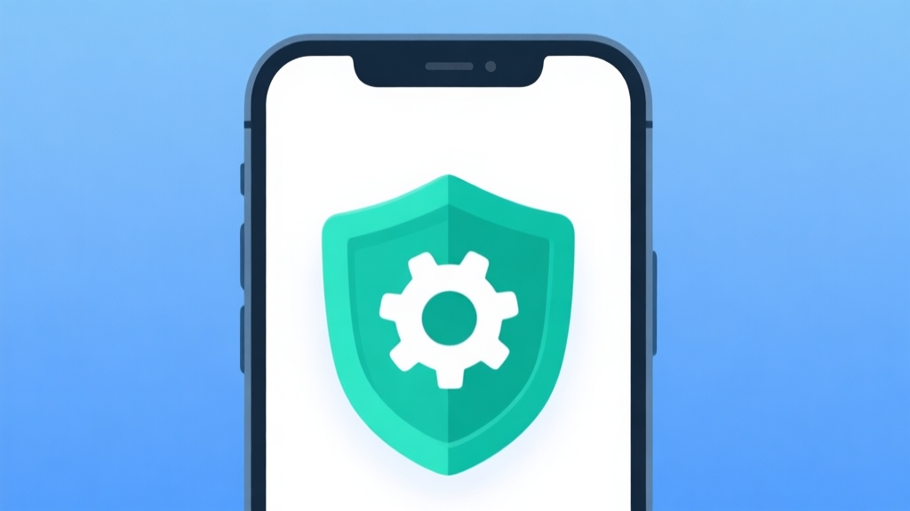 Ilustrasi smartphone dengan ikon pengaturan keamanan dan perisai hijau, desain minimalis dengan skema warna biru muda dan putih, gaya presentasi profesional high quality illustration, detailed, 16:9