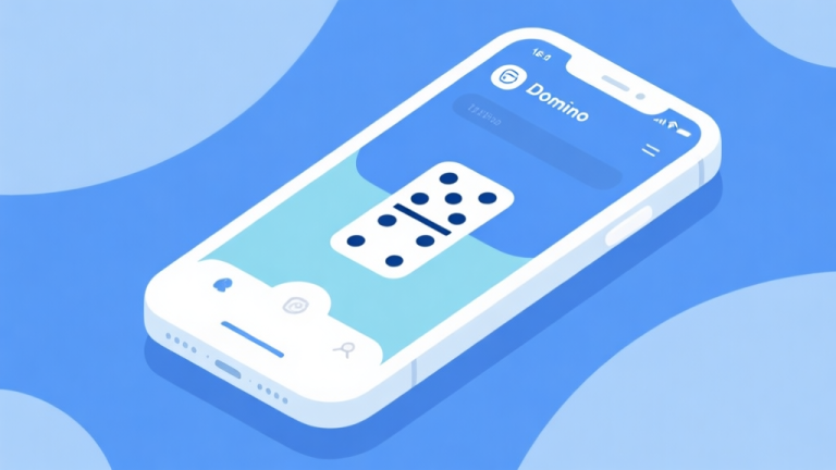 自动生成图片: Ilustrasi minimalis smartphone dengan tampilan aplikasi domino yang bersih, skema warna biru muda dan putih, desain antarmuka pengguna yang modern, elemen grafis sederhana high quality illustration, detailed, 16:9