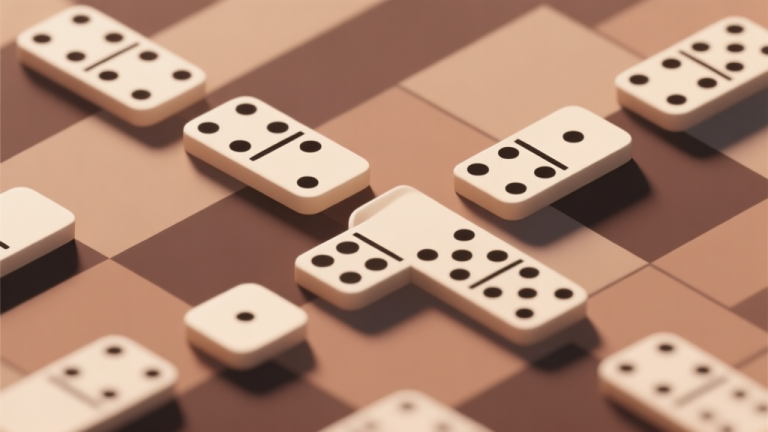 自动生成图片: Abstract domino pieces arranged in strategic pattern, soft earth tones with subtle shadows, clean geometric composition, professional game strategy visualization high quality illustration, detailed, 16:9