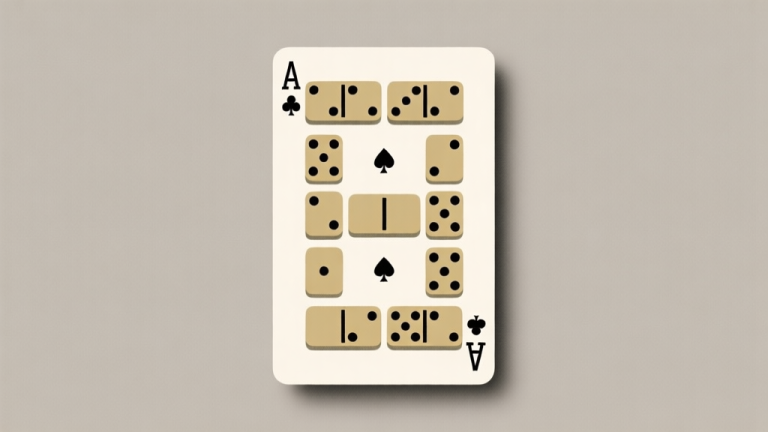 自动生成图片: Komposisi abstrak kartu domino tersusun rapi dengan latar belakang netral, gaya minimalis profesional, ilustrasi konsep permainan strategi high quality illustration, detailed, 16:9