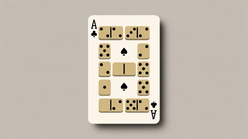 Komposisi abstrak kartu domino tersusun rapi dengan latar belakang netral, gaya minimalis profesional, ilustrasi konsep permainan strategi high quality illustration, detailed, 16:9