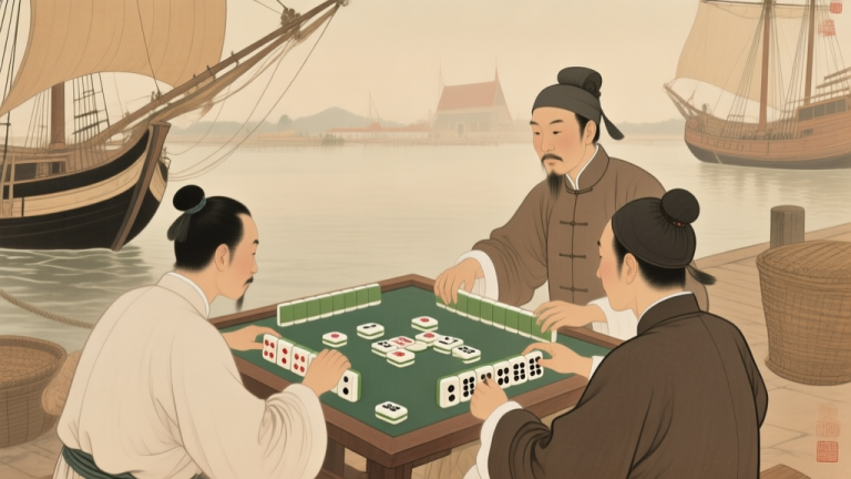 自动生成图片: Ilustrasi pedagang Tionghoa kuno bermain domino di pelabuhan Batavia, gaya lukisan tradisional Tionghoa, warna earth tone, suasana sejarah high quality illustration, detailed, 16:9