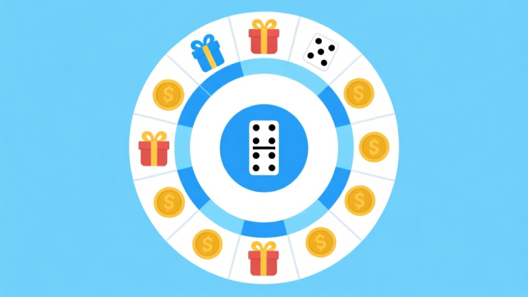 自动生成图片: Ilustrasi diagram lingkaran dengan berbagai jenis koin dan hadiah dalam permainan domino, skema warna biru muda dan putih, desain minimalis bersih high quality illustration, detailed, 16:9