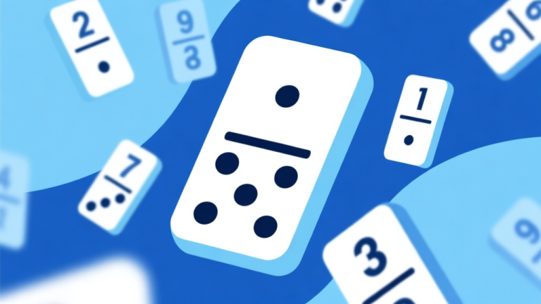 自动生成图片: Ilustrasi abstrak kartu domino dengan angka-angka melayang di sekitarnya, skema warna biru muda dan putih, desain minimal bersih, gaya presentasi bisnis profesional high quality illustration, detailed, 16:9