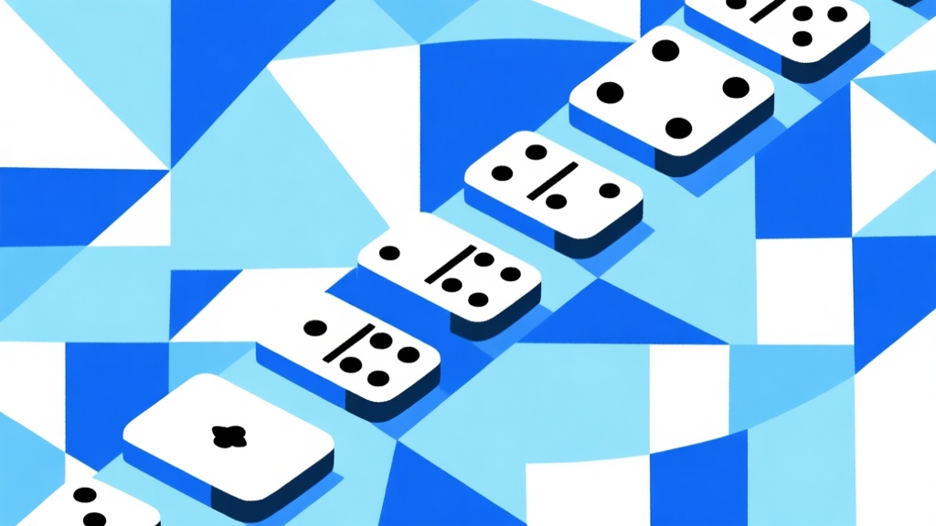 Ilustrasi abstrak susunan kartu domino dengan pola geometris, skema warna biru muda dan putih, gaya minimalis bersih, konsep analisis strategis high quality illustration, detailed, 16:9