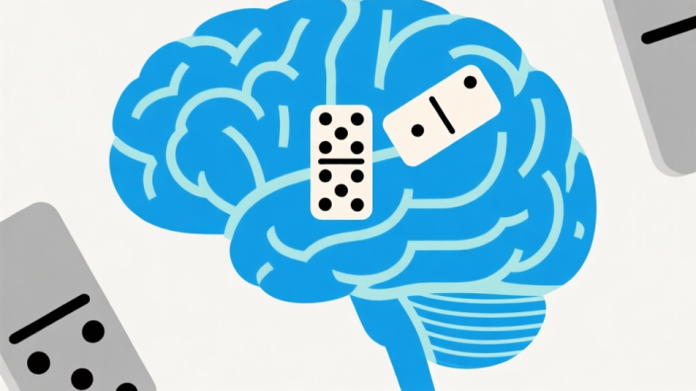 自动生成图片: Ilustrasi abstrak permainan domino dengan elemen psikologi, diagram pikiran dengan ikon domino, skema warna biru muda dan abu-abu, gaya minimalis profesional high quality illustration, detailed, 16:9