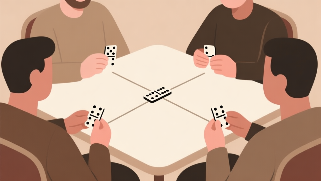 Ilustrasi abstrak empat pemain domino duduk di meja persegi, masing-masing memegang kartu domino, dengan garis koneksi tak terlihat antara partner, gaya minimalis dengan skema warna earth tone yang soft high quality illustration, detailed, 16:9
