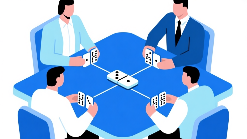 Ilustrasi abstrak empat pemain domino duduk melingkar dengan garis koneksi antara mereka, skema warna biru muda dan putih, desain minimal bersih, gaya presentasi bisnis profesional high quality illustration, detailed, 16:9