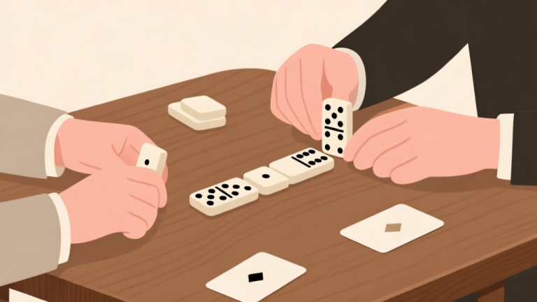 自动生成图片: Ilustrasi minimalis dua tangan bermain domino di atas meja kayu, dengan kartu domino tersusun rapi, gaya clean professional, warna earth tone yang soft high quality illustration, detailed, 16:9