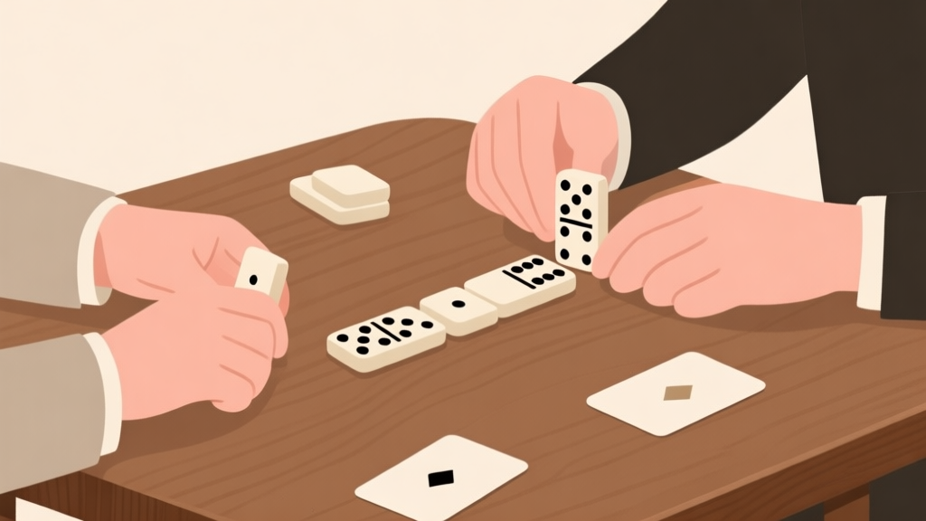 Ilustrasi minimalis dua tangan bermain domino di atas meja kayu, dengan kartu domino tersusun rapi, gaya clean professional, warna earth tone yang soft high quality illustration, detailed, 16:9