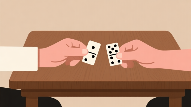 自动生成图片: Ilustrasi minimalis dua tangan memegang kartu domino di atas meja kayu, latar belakang sederhana dengan warna earth tone, komposisi clean dan profesional high quality illustration, detailed, 16:9