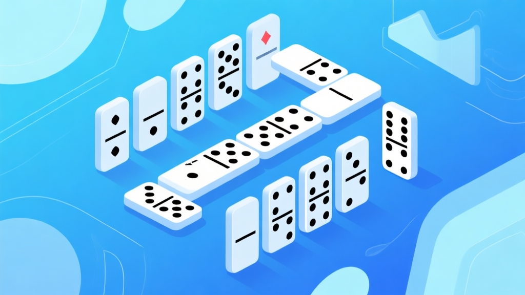 Ilustrasi antarmuka aplikasi domino online dengan tampilan modern, kartu domino digital tersusun rapi, latar belakang biru muda dengan elemen grafis abstrak, gaya desain minimalis dan profesional high quality illustration, detailed, 16:9